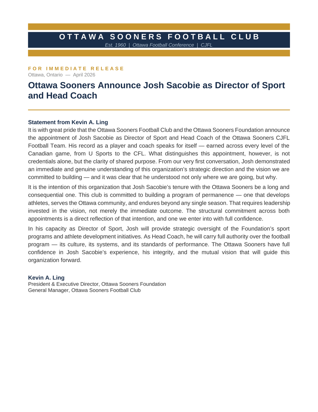 Josh Sacobie — newly appointed Head Coach and Director of Sport for the Ottawa Sooners Football Club and Ottawa Sooners Foundation
