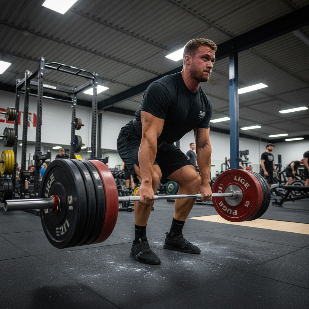 Athlete mid-lift performing a conventional barbell deadlift, showing bar dragging up the shins, flat back, and full hip extension at lockout in a gym setting