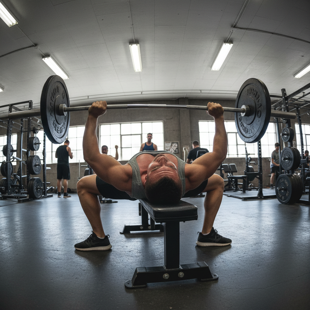 Athlete performing a barbell bench press on a flat bench inside a weight room, demonstrating proper form with feet flat, bar at mid-chest, and spotter behind